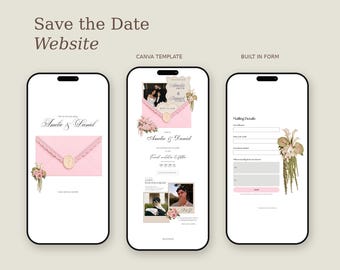 May include: Three smartphone screens displaying a Save the Date website template. The screens show a pink envelope graphic, wedding details for Amelie and Daniel, floral accents, and a built-in mailing details form with input fields.