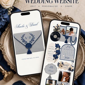 Op de afbeelding: Een Canva-websitetemplate voor een 5-pagina trouwwebsite weergegeven op twee smartphones. De schermen tonen een digitale envelop met een blauw waszegel, een kalender voor juli 2028, RSVP-details en fotoplaatsaanduidingen met bloemaccenten.