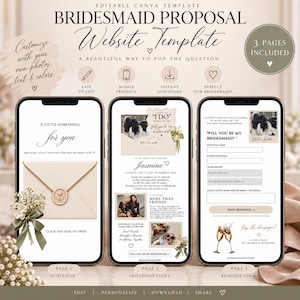 May include: An editable Canva website template for a bridesmaid proposal featuring three pages: an invitation with an envelope graphic, a friendship story page with photo placeholders, and a response form page with champagne glass illustrations.