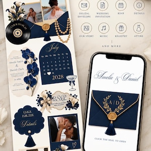 May include: A wedding website template featuring a navy blue and gold colour scheme. The design includes photo frames, a July 2028 calendar, RSVP and details sections, and icons for digital envelopes, music, and registry. A smartphone displays the invitation.