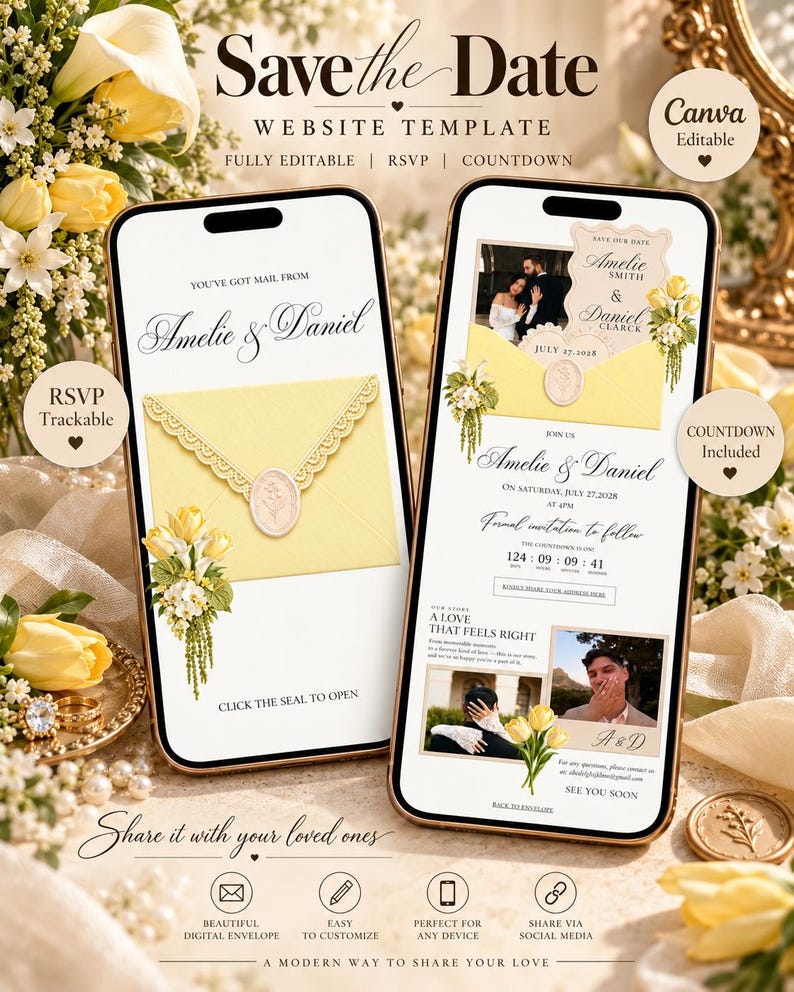 Yellow Floral Save the Date Website Template | Canva Wedding Invitation ...