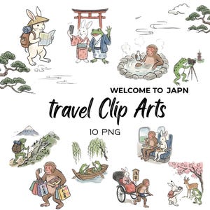 Puede incluir: Ilustraciones en acuarela de animales disfrutando de experiencias de viaje en Jap&oacute;n. Escenas con un conejo con mapa, una rana tomando fotos y un mono en aguas termales. Texto: "travel Clip Arts" y "WELCOME TO JAPN".