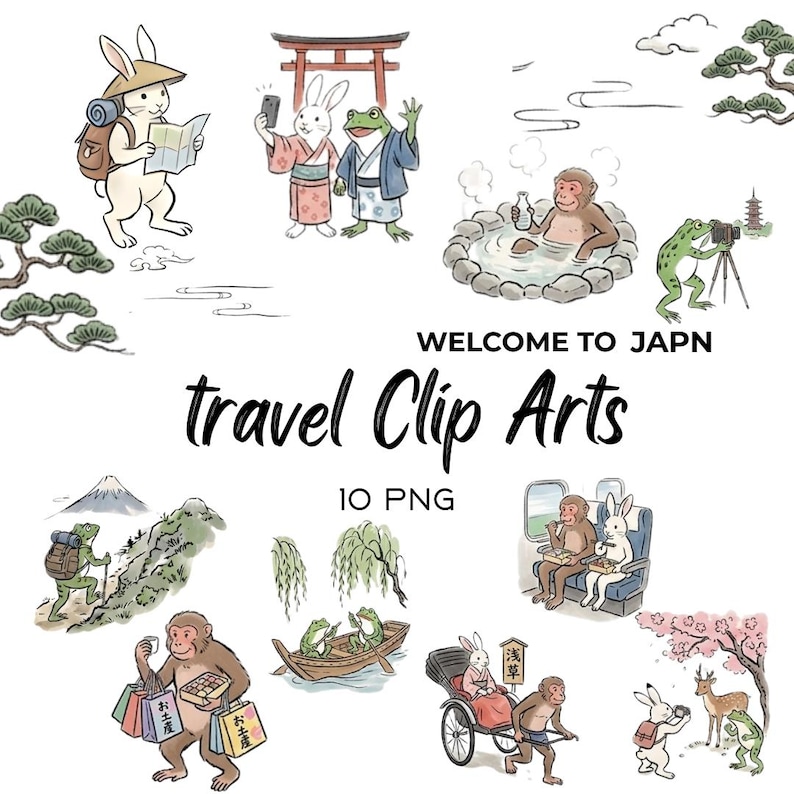 Puede incluir: Ilustraciones en acuarela de animales disfrutando de experiencias de viaje en Jap&oacute;n. Escenas con un conejo con mapa, una rana tomando fotos y un mono en aguas termales. Texto: "travel Clip Arts" y "WELCOME TO JAPN".