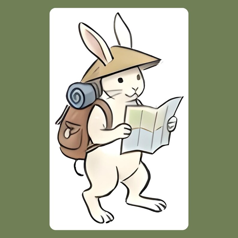 Puede incluir: Ilustraci&oacute;n de un conejo blanco con sombrero de paja y mochila, sosteniendo un mapa. El conejo se representa como un excursionista o viajero, con un saco de dormir azul enrollado sujeto a la mochila. El fondo es verde claro.