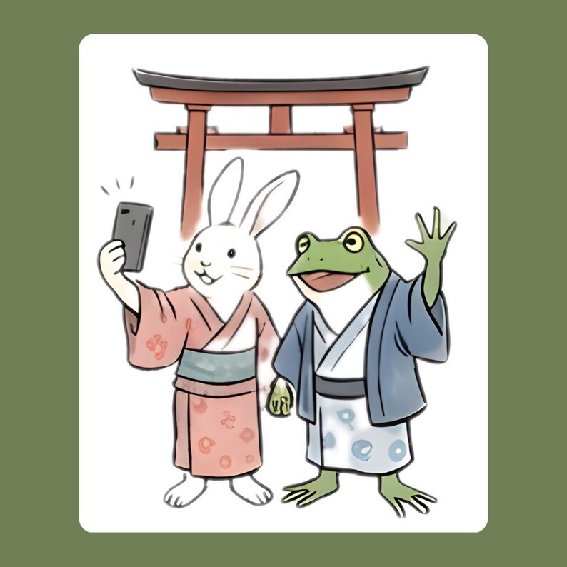 Puede incluir: Ilustraci&oacute;n de un conejo blanco y una rana verde con ropa tradicional japonesa, posando para un selfie frente a una puerta torii roja. El conejo sostiene un tel&eacute;fono inteligente, mientras la rana saluda.
