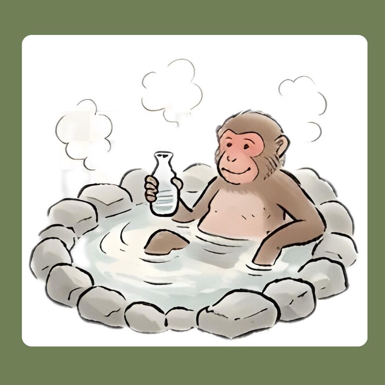 Puede incluir: Ilustraci&oacute;n de un macaco japon&eacute;s relaj&aacute;ndose en una fuente termal. El mono, con pelaje marr&oacute;n y cara roja, sostiene una botella. La fuente termal est&aacute; rodeada de rocas grises, con vapor ascendente.