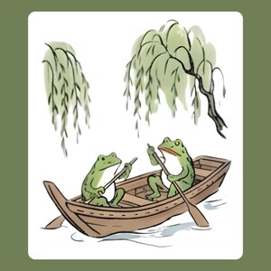 Puede incluir: Ilustraci&oacute;n de dos ranas verdes en una barca de madera, cada una con un remo. La barca est&aacute; en el agua, con un sauce llor&oacute;n y otro follaje en el fondo. La imagen tiene un estilo caprichoso.