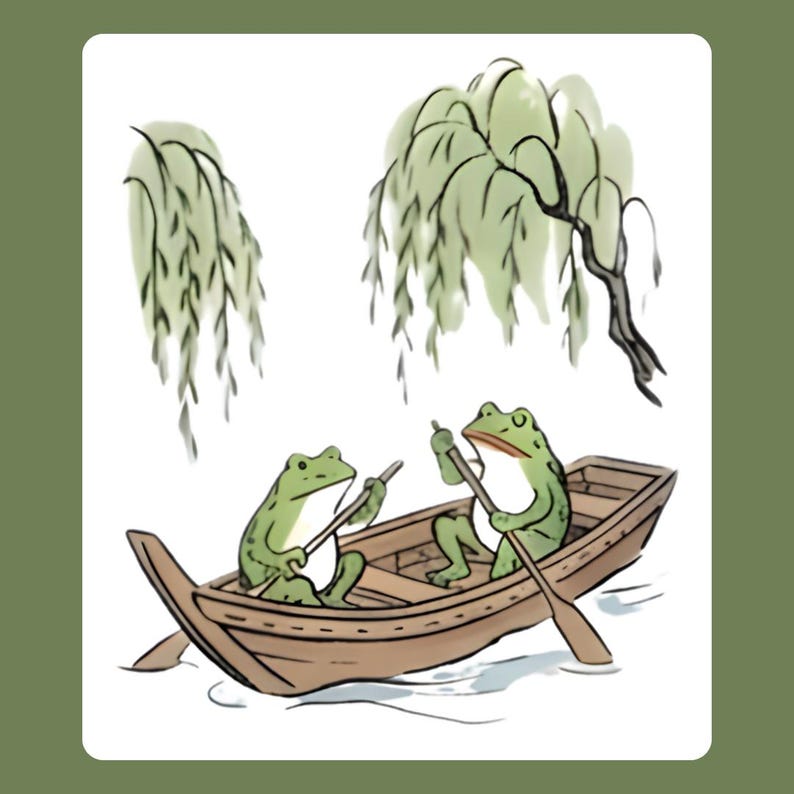 Puede incluir: Ilustraci&oacute;n de dos ranas verdes en una barca de madera, cada una con un remo. La barca est&aacute; en el agua, con un sauce llor&oacute;n y otro follaje en el fondo. La imagen tiene un estilo caprichoso.