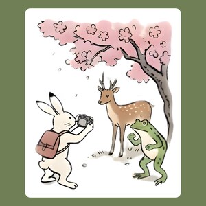 Puede incluir: Una ilustraci&oacute;n muestra un conejo blanco con una mochila tomando una foto de un ciervo y una rana bajo un &aacute;rbol de flores rosas. El ciervo tiene pelaje marr&oacute;n con manchas blancas. La rana es verde. El fondo es verde claro.
