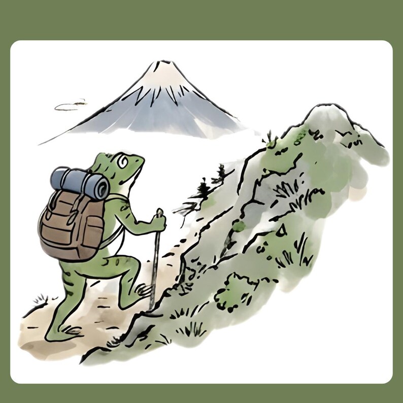 Puede incluir: Ilustraci&oacute;n de una rana verde con mochila y bast&oacute;n de senderismo, subiendo una monta&ntilde;a. Una monta&ntilde;a nevada est&aacute; en el fondo. La rana es el foco principal, con una mochila marr&oacute;n y un saco de dormir azul enrollado.