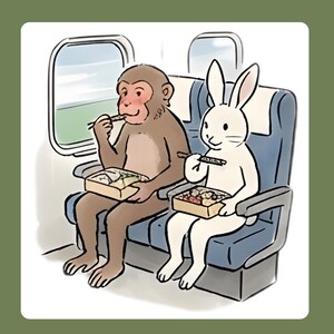Puede incluir: Ilustraci&oacute;n de un mono y un conejo sentados uno al lado del otro en un tren, comiendo de cajas bento con palillos. El mono es marr&oacute;n y el conejo es blanco. Est&aacute;n sentados frente a una ventana con vistas a campos verdes.