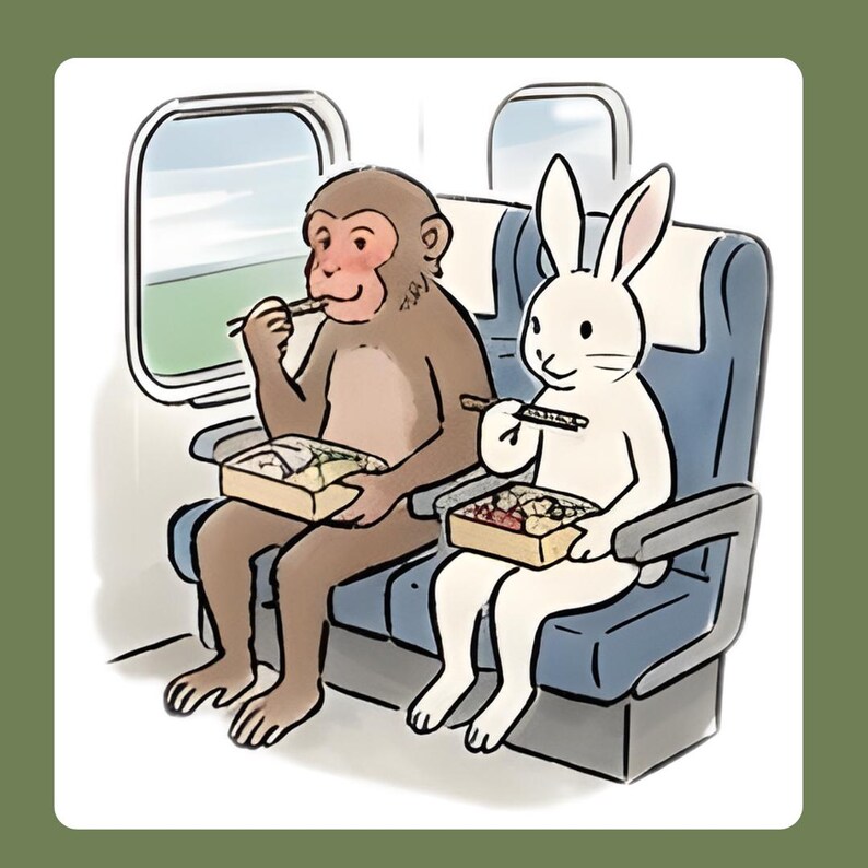 Puede incluir: Ilustraci&oacute;n de un mono y un conejo sentados uno al lado del otro en un tren, comiendo de cajas bento con palillos. El mono es marr&oacute;n y el conejo es blanco. Est&aacute;n sentados frente a una ventana con vistas a campos verdes.
