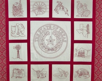 Spirit of Texas Redwork Embroidery Quilt Pattern. Handwork. Windmill. Bluebonnet. Cowboy. Boots. State of Texas. Boots. CattleMocking Bird.