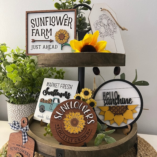 Sunflower Summer tier tray set, Sunflower decor, Farmhouse, Mini Signs, Mini Wood Signs, Tier Tray Decor