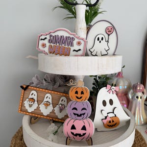 Summerween, Pink Halloween Tier Tray, Ghost Tier Tray, Pink Ghost, Summer Halloween Decor, Tier Tray Decor, Mini Signs, Home Decor