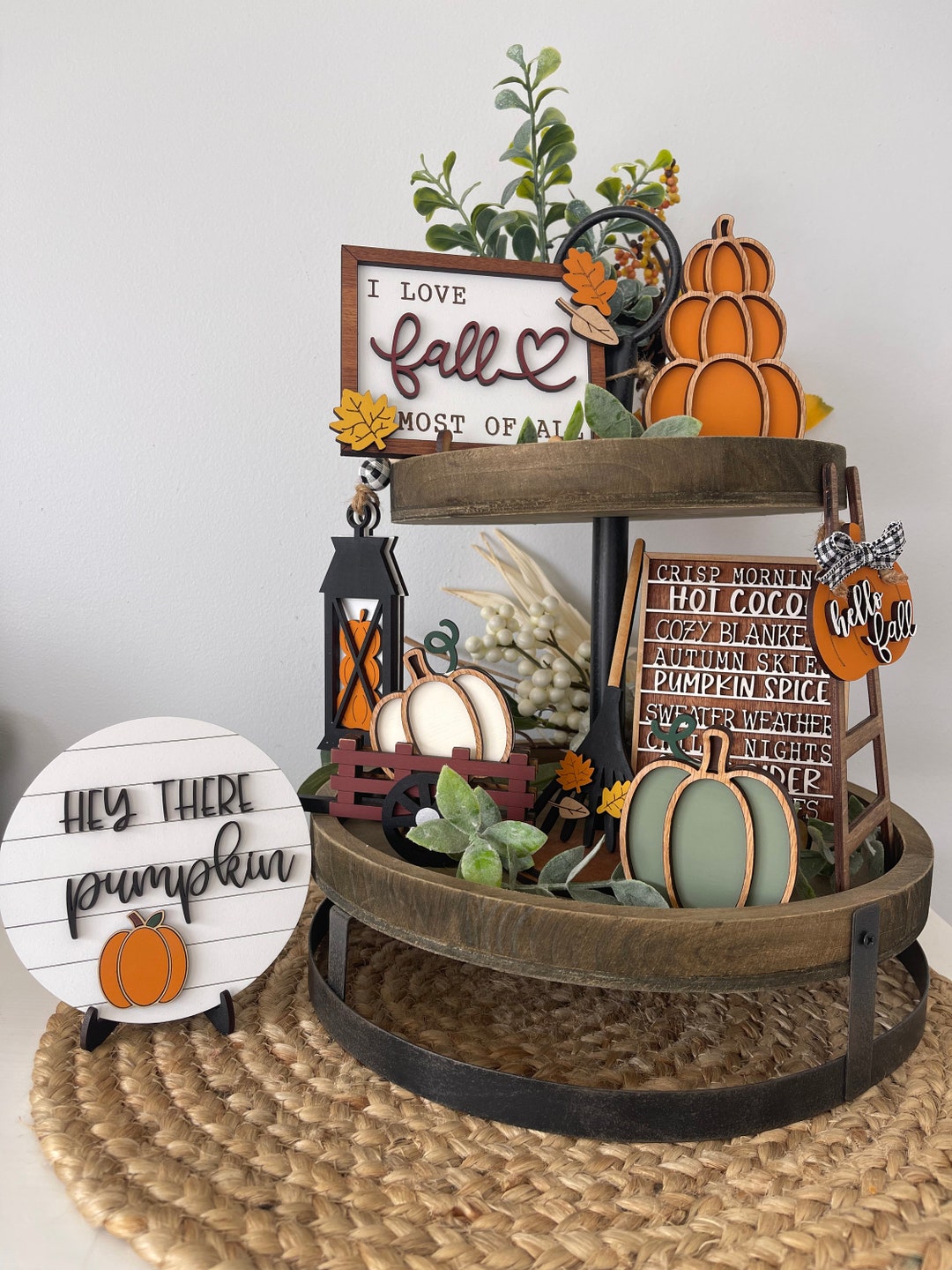 Rustic Fall Trays Fall Tiered Tray Decor Set – Rustic Farmhouse Pumpkins & Autumn Signs ...