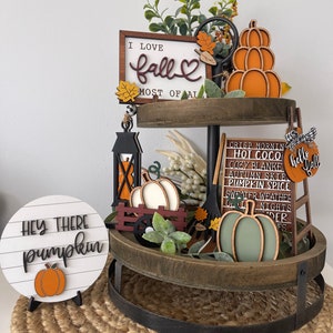 Fall Tiered Tray Decor Set – Rustic Farmhouse Pumpkins & Autumn Signs – Cozy Coffee Bar - Kitchen Display