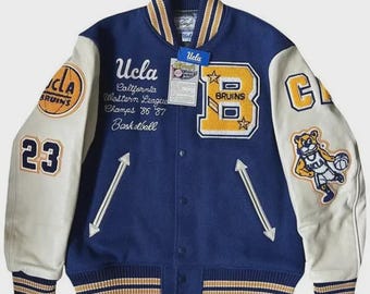 UCLA Bruins Varsity Jacket Vintage Blue Wool & White Leather Letterman Jacket Retro College Bomber Jacket Unisex Streetwear Coat Gift