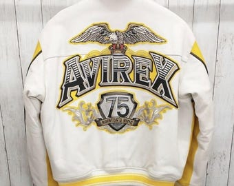 Jaqueta Varsity Avirex 75 Eagle, Bomber de Couro Branca e Amarela, Casaco Streetwear