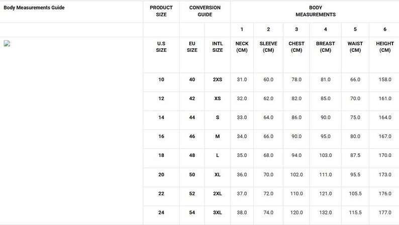 May include: A body measurements guide with a table showing product sizes in U.S., EU, and international sizes. The table includes neck, sleeve, chest, breast, waist, and height measurements in centimeters for each size, from size 10 to 24.