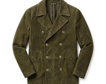 Chaqueta de hombre de ante verde oliva, estilo militar, cruzada, de ante, vintage, para hombre, abrigo de invierno, regalo para él.