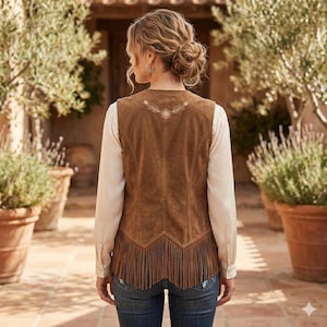 Op de afbeelding: Een bruin su&egrave;de vest met franjes aan de zoom. Het vest heeft een geborduurd ontwerp op de bovenrug en wordt gedragen over een cr&egrave;mekleurig shirt met lange mouwen en een blauwe spijkerbroek. Het vest is een kledingstuk in westernstijl.