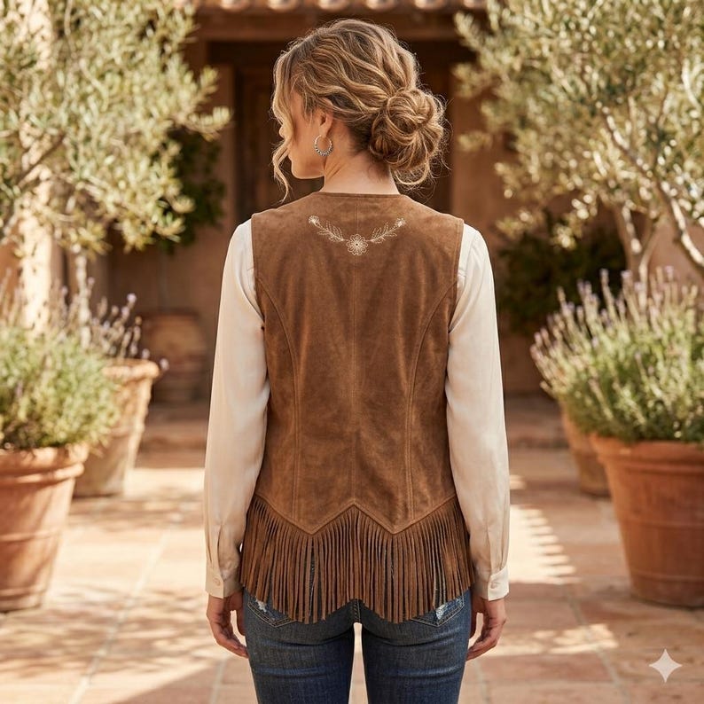Op de afbeelding: Een bruin su&egrave;de vest met franjes aan de zoom. Het vest heeft een geborduurd ontwerp op de bovenrug en wordt gedragen over een cr&egrave;mekleurig shirt met lange mouwen en een blauwe spijkerbroek. Het vest is een kledingstuk in westernstijl.