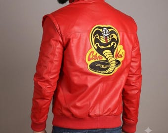 Cobra Kai Red Leather Jacket for Men,Karate Kid Inspired Bomber Jacket,Johnny Lawrence Jacket,Biker Leather Jacket,Halloween Cosplay Gift