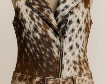 Colete feminino de couro bovino com pelo, estilo motociclista/rodeio western.