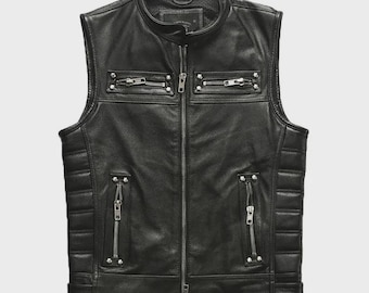 Colete masculino de couro legítimo para motociclista, jaqueta sem mangas.