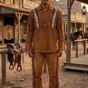 Men’s Western Fringe Suede Outfit Set, Cowboy Leather Suit, Native Inspired Western Wear, Fringe Jacket and Pants, Rodeo Festival Costume