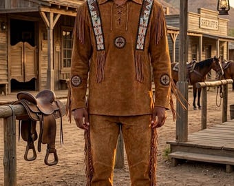 Men’s Western Fringe Suede Outfit Set, Cowboy Leather Suit, Native Inspired Western Wear, Fringe Jacket and Pants, Rodeo Festival Costume