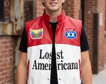 Lost Americana Leather Vest for Men, Red White Racing Vest, Vintage Biker Vest, Retro Motorcycle Vest, Streetwear Leather Waistcoat