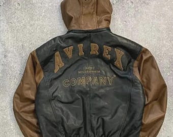 Jaqueta universitária de couro estilo Avirex, bomber com capuz preta e marrom, streetwear retrô hip hop