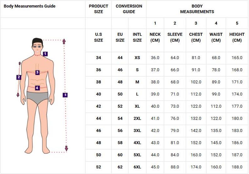 以下が含まれることがあります： 人体の寸法ガイド。人体の図と表があります。表には、米国、EU、国際サイズの商品サイズと、首、袖、胸囲、ウエスト、身長の対応する測定値（センチメートル）が表示されています。