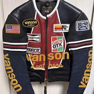 Vanson Leather Racing Jacket Men, Star Back Biker Jacket, Vintage Motorcycle Jacket, Embroidered Patch Jacket, Retro Cafe Racer Leather Coat