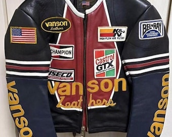 Vanson Leather Racing Jacket Men, Star Back Biker Jacket, Vintage Motorcycle Jacket, Embroidered Patch Jacket, Retro Cafe Racer Leather Coat