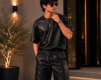 Mens Real Leather Shorts Set, Genuine Leather T Shirt and Cargo Shorts Outfit, Luxury Streetwear Co Ord Set, Black Leather Set