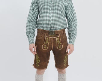 Men’s Brown Lederhosen Shorts Handmade – Bavarian Traditional Leather Shorts with Green Embroidery, Oktoberfest Outfit, Lederhosen Men