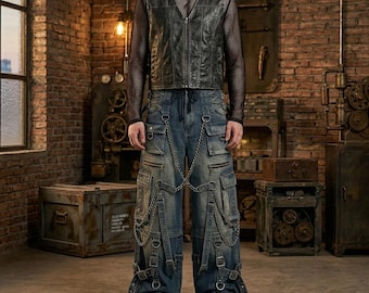 Calças cargo largas estilo anos 2000 com correntes, calças jeans de perna larga estilo streetwear gótico.
