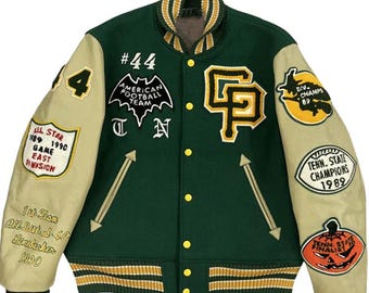 Cleveland Pumpkins Collegejacke, grüne Woll- und Leder-Collegejacke, Bomberjacke mit gesticktem Aufnäher, Unisex-Mantel im Vintage-Stil
