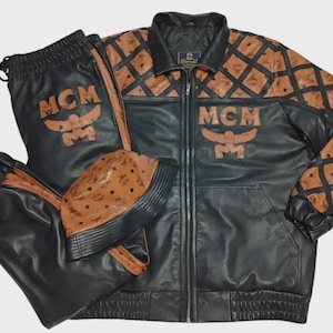 MCM Inspired Leather Tracksuit for Men, Luxury Black Brown Tracksuit Set, Designer Style Streetwear Outfit, Leather Jacket and Pants Set image 1
