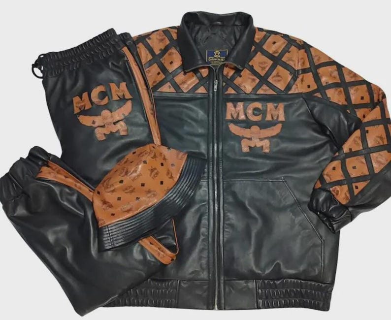 MCM Inspired Leather Tracksuit for Men, Luxury Black Brown Tracksuit Set, Designer Style Streetwear Outfit, Leather Jacket and Pants Set image 1