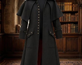 Casaco comprido preto vitoriano gótico, sobretudo vintage de lã estilo capa.