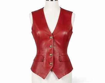Colete vermelho em couro legítimo, modelo slim fit estilo motociclista, fechamento frontal com botões, blusa de estilo vintage.