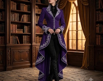 Women's Royal Purple Victorian Tailcoat Jacket, Gothic Steampunk Coat for Women, Long Tailcoat,Cosplay Jacket, Renaissance Wedding Outfit