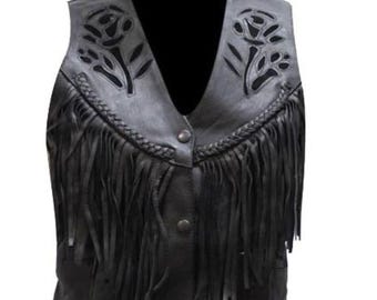 Black Leather Fringe Vest, Rose Cut-Out, Boho Cowgirl Biker Style
