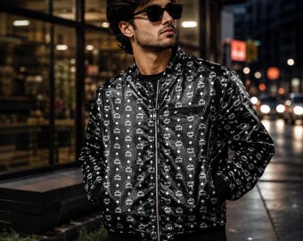 Herren Schwarze MCM Monogramm Bomberjacke | Luxus Streetwear Reißverschluss Mantel