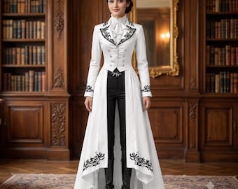 White Victorian Tailcoat for Women, Gothic Embroidered Long Coat, Steampunk High Low Jacket, Regency Tailcoat, Witchy Wedding Outfit