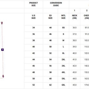 May include: A body measurements guide with a diagram of a person and a table. The table shows U.S., EU, and international sizes, along with neck, chest, waist, and height measurements in centimeters.
